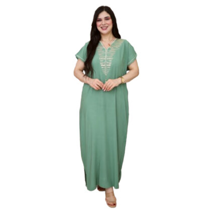 Jebba fashion printemps-été 2025 - Jebba demi manche motif Cléopâtre  en broderie dorée  col V en rose vert rotana