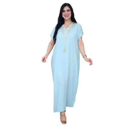 Jebba fashion printemps-été 2025 - Jebba demi manche motif Cléopâtre  en broderie dorée  col V en vert d’eau