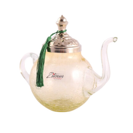 Théière rustique PM en verre soufflé craquelé  avec couvercle amovible en cuivre martelé design arabesque fait à la main