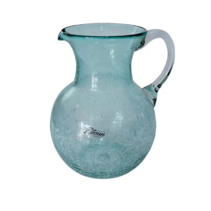 Pichet bombé  GM en verre soufflé craquelé  avec couvercle amovible en cuivre martelé design arabesque fait à la main